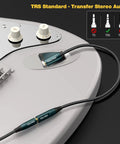 Close-up of a 6.35mm to 3.5mm Headphone Adapter Cable 4 Ft TRS Stereo Male to Female for DJ Mixer Guitar Amp Piano Keyboard Speaker Audio Interface and Studio Setup for Live Performance connected to a guitar.