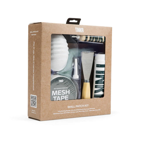 Wall Patch Kit For Quick Home Repairs With Putty And Wood Filler DIY Friendly Two Sanding Sponges Patch Set In Small And Large Mesh Tape Putty Knife Dust Mask And Microfiber Towel For Drywall Repair packaged in a box.