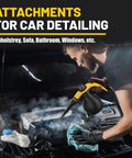 Person using Pressurized Handheld Steam Cleaner With 10 Accessories And Safety Lock For Home And Car Cleaning on car engine