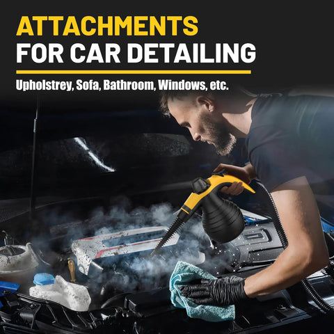 Person using Pressurized Handheld Steam Cleaner With 10 Accessories And Safety Lock For Home And Car Cleaning on car engine