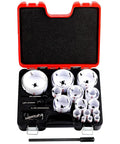 Heavy Duty Top Tier Bi Metal Hole Saw Kit Featuring 30 Piece Tool Set With 10 Inch Extension For No Sweat Wood Metal Pvc Aluminum Drilling Includes Dual Arbors Pilot Bits And Tool Shed Essentials in black case.