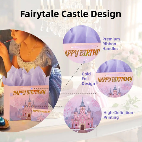 13 Inch Large Birthday Gift Bag Set With Tissue Paper And Greeting Card Pink And Purple Princess Castle Theme With Ribbon Handles
