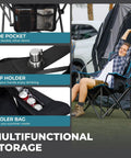 Person relaxing in oversized camping chair for adults with padded seat, lumbar support, cup holder, cooler bag, and side pocket.