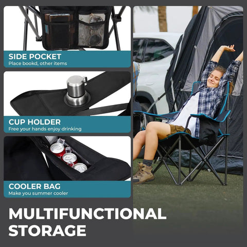 Person relaxing in oversized camping chair for adults with padded seat, lumbar support, cup holder, cooler bag, and side pocket.