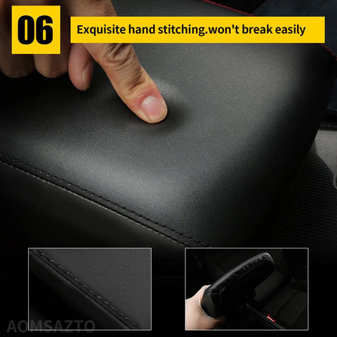 Close-up of black custom-fit armrest cover for Hyundai Sonata 2015-2019, showcasing memory foam and premium faux leather texture.