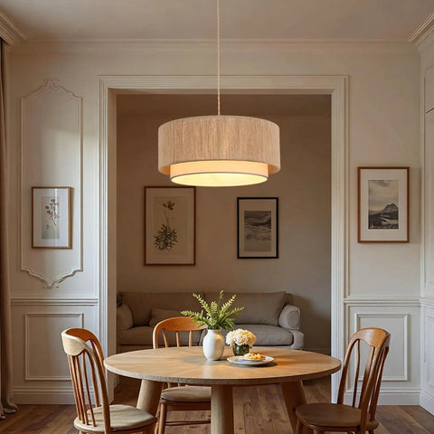 Plug In Pendant Light 18 Inch Rattan Chandelier With Handwoven Hemp Rope And White Fabric Shade Featuring Extra Long Power Cord above dining table.