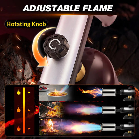 Propane Torch Gun With Adjustable Flame And Safety Lock For BBQ Grilling Camping And Searing Steaks Delivers 3272F High Heat; rotating knob close-up.
