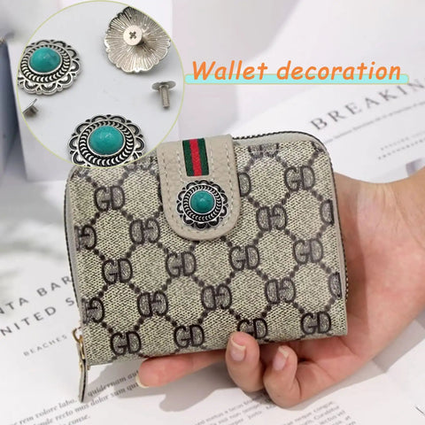 Straight Fire Green Turquoise Concho Buttons 10 Pack With Screw Back Fasteners displayed on a wallet for stylish accents.