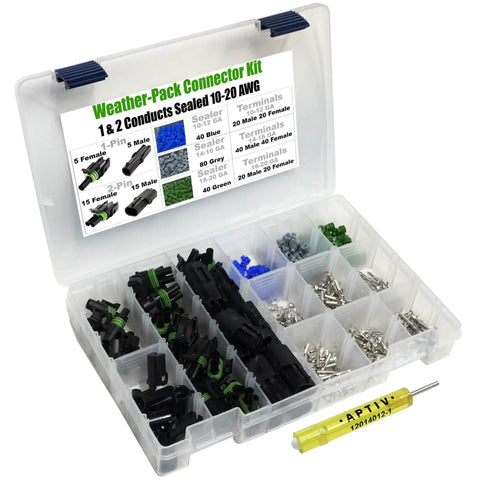 Heavy Duty Weather Pack Connector Kit With Male And Female Quick Disconnect Terminals For 10 To 20 Gauge Wiring And 20 Amp Circuits Including Color Coded Sealer Caps And Durable Housing Towers For Reliable Car Audio Or Engine Wiring Jobs open case