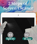 Front view of 2-pack eye glasses cleaner spray travel kit with spray bottle and microfiber cloth beside tablet