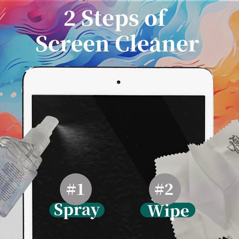Front view of 2-pack eye glasses cleaner spray travel kit with spray bottle and microfiber cloth beside tablet
