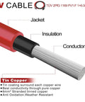Detailed view of a red PV cable showing layers: jacket, insulation, conductor. Tin-coated copper core for Solar Extension Cable Set 6 Feet 10AWG With Male And Female Connectors Red And Black Dual Color Solar Panel Wire Adaptor Kit For Easy PV Wiring And Battery Setup Plug And Play No Fuss.