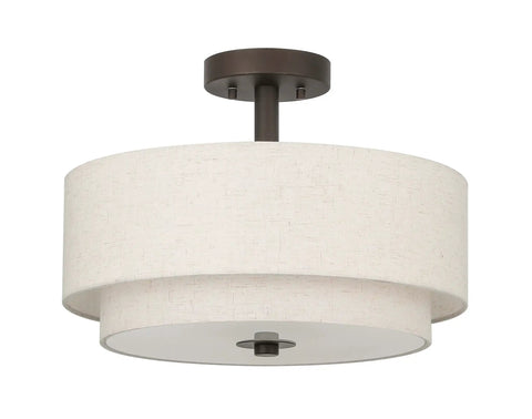 Three Light Drum Semi Flush Ceiling Light Fixture With Fabric Shade In Dark Bronze Finish For Bedroom And Living Room Sleek Modern Close-To-Ceiling Lighting