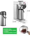 Commercial Airpot Coffee Brewer With 2.2L 74oz Thermal Carafe Stainless Steel Pour Over Coffee Machine 24 Hour Heat 120V 1450W Dispenser