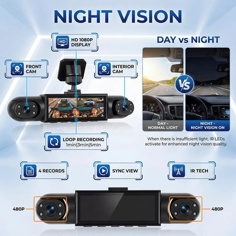 4 Channel 360 Degree Dash Cam Front Rear Interior Coverage Left And Right 3.16 Inch Display Crystal Clear 1080P Night Vision Motion Detection 24 7 Recording Parking Mode Reversing Help For Cars showing day vs night comparison and camera features.