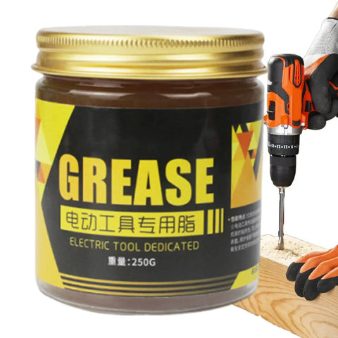 Industrial Grease For Hammer Bit Drills And Bearings 250G Heavy Duty Lubricant jar next to drill in use on wood