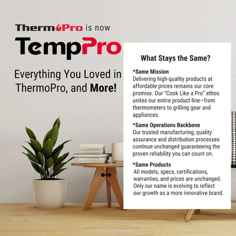 TempPro brand announcement with plant and furniture in modern office setting.