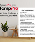 TempPro announcement about name change from ThermoPro with description of unchanged mission, operations, and products, plant and table visible.