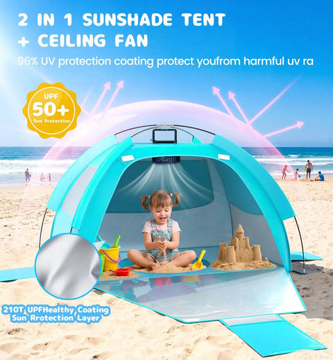 All In One Baby Beach Tent With Solar Powered Cooling Fan UPF 50 UV Protection Portable Sun Shade Canopy Shelter