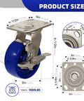 Front view of stainless steel 5-inch caster with blue polyurethane wheel and brake; 1000 lb capacity.