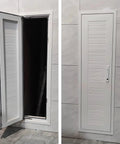 Badass Aluminum Access Panel Door For Drywall And Attics With Slick Hidden Design Honeycomb Core Waterproof Rust Proof Heat Insulated No Sweat Install For HVAC Ducts And Valves 26 By 56 Inches shown open and closed.