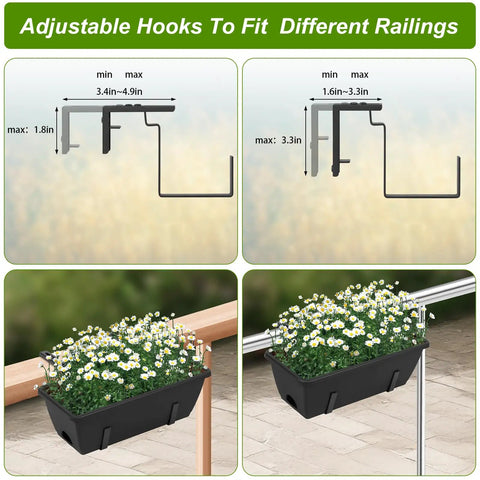 Six Pack Deck Railing Planter Boxes With Adjustable Brackets In Black For Flowers Herbs And Strawberries, window box planters showcasing adjustable hooks for different railings