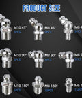 60 Piece Metric Grease Fittings Kit With M6 M8 M10 And Quarter Inch And Eighth Inch Zerk Fittings Angled And Straight 45 Degree 90 Degree 180 Degree Hydraulic Grease Gun Fittings For Automotive And Machinery Lubrication Nickel Plated Carbon Steel in various sizes and angles