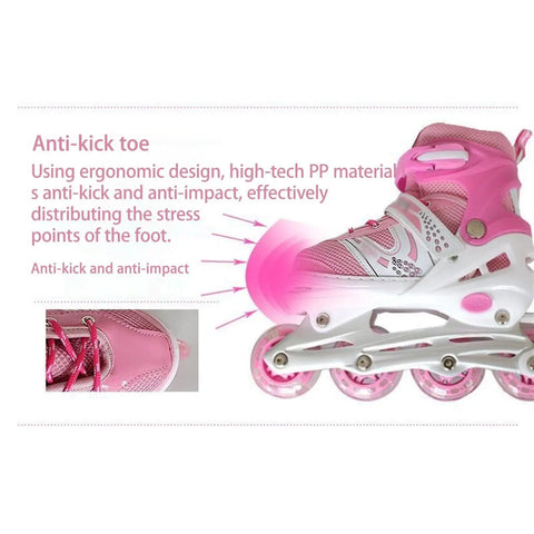 Light Up Wheels Roller Skates For Girls Boys And Adults With Adjustable Sizes For Indoor And Outdoor Play Pink Small EU 31 34 Dope Comfort PU Mesh Inline Skates showing anti-kick toe design with pink light-up wheels.