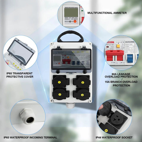 Heavy Duty 110V Power Distribution Box With NEMA 5-20 Outlet, IP54 Weatherproof Electrical Panel for construction sites.