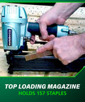 Person loading magazine of Wide Crown Pneumatic Stapler For Sheathing And Insulation, 16 Gauge Nailer with 1 to 2 in staples.