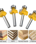 One Quarter Inch Shank Roundover Router Bit Set For DIYers Edge Beading And Corner Rounding Includes Radii Five Sixteenth Inch Three Sixteenth Inch One Quarter Inch And One Eighth Inch Radius Alloy Steel With Anti Kickback And Teflon Coating shown with different wood types for application.