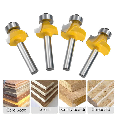 One Quarter Inch Shank Roundover Router Bit Set For DIYers Edge Beading And Corner Rounding Includes Radii Five Sixteenth Inch Three Sixteenth Inch One Quarter Inch And One Eighth Inch Radius Alloy Steel With Anti Kickback And Teflon Coating shown with different wood types for application.