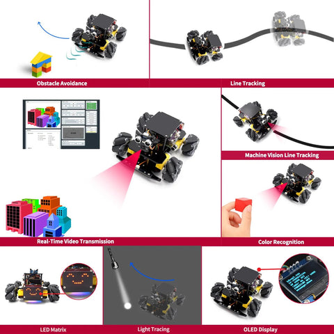 Adeept 4WD Mecanum wheel smart car kit for Raspberry Pi; black and yellow robot with OLED display and LED matrix.