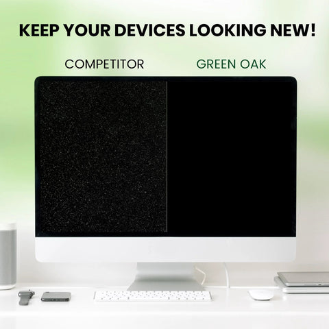 Green Oak screen cleaner banner comparing its performance to a competitor on a computer monitor.