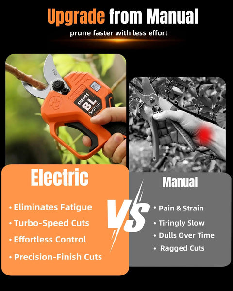 Comparison of Cordless Electric Pruning Shears With Dual Cutting Modes Up To 1.6 Inches and manual shears in use