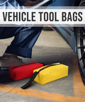 Mechanic using Rugged Five Pack Tool Pouches Set With 1680D Waterproof Fabric, red and yellow bags beside a vehicle wheel