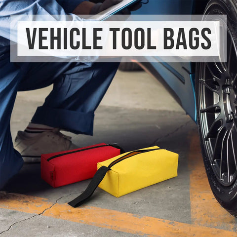 Mechanic using Rugged Five Pack Tool Pouches Set With 1680D Waterproof Fabric, red and yellow bags beside a vehicle wheel