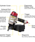 Illustration of Coil Siding Nailer CN55 From One Inch To Two And One Quarter Inches 15 Degree Pneumatic Siding Nail Gun with labeled parts