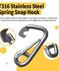 Heavy Duty Marine Grade Snap Hooks 2 Pack With Eye 316 Stainless Steel Carabiners For Boat Yacht Sailing Three Eighths Inch 2200 LBS Working Load Per Hook By RiaYer. Image shows close-up of stainless steel snap hook with spring mechanism and corrosion resistance.