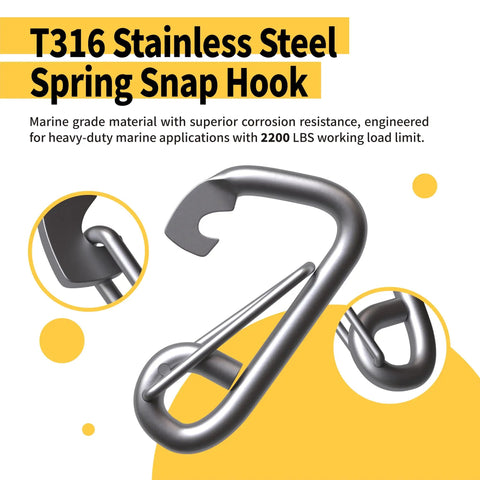 Heavy Duty Marine Grade Snap Hooks 2 Pack With Eye 316 Stainless Steel Carabiners For Boat Yacht Sailing Three Eighths Inch 2200 LBS Working Load Per Hook By RiaYer. Image shows close-up of stainless steel snap hook with spring mechanism and corrosion resistance.