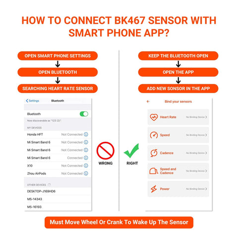 Diagram showing how to connect BK467 sensor to smartphone app with Bluetooth for Dual Bike Cadence And Speed Sensor Kit.