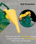 Heavy Duty 5 Gallon Type I Green Safety Gas Can That Keeps The Mess Away Built Like A Tank For Oil And Flammable Fluids features yellow funnel for spill protection.
