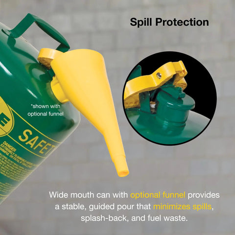 Heavy Duty 5 Gallon Type I Green Safety Gas Can That Keeps The Mess Away Built Like A Tank For Oil And Flammable Fluids features yellow funnel for spill protection.