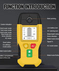 Close-up view of the Wall Scanner Stud Finder 6-in-1 Metal Detector Auto Shutoff LCD(Yellow) showing function icons and buttons.