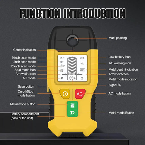 Close-up view of the Wall Scanner Stud Finder 6-in-1 Metal Detector Auto Shutoff LCD(Yellow) showing function icons and buttons.