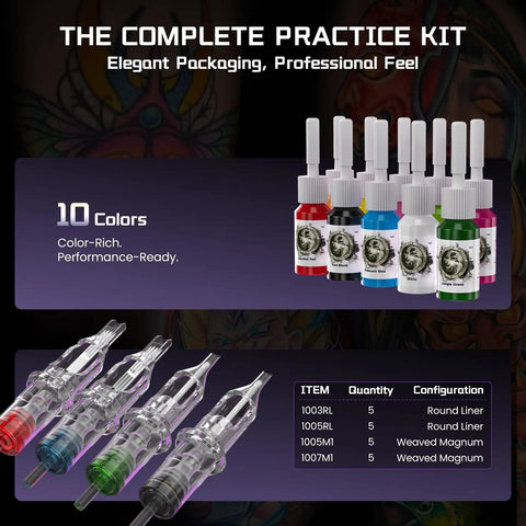 Wireless Rotary Tattoo Starter Kit For Beginners With Dual 1800mAh Batteries, Includes Inks, Practice Skins, Cartridges, and More