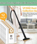 Woman vacuuming with 12 Pack VF3502 Vacuum Bags For 12 To 16 Gallon Wet Dry Vacuums, packaging visible on the floor.
