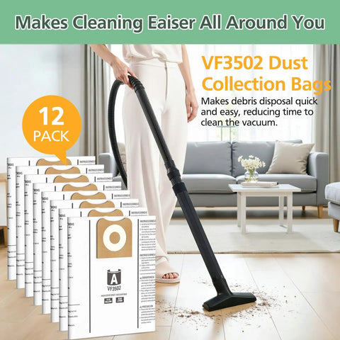 Woman vacuuming with 12 Pack VF3502 Vacuum Bags For 12 To 16 Gallon Wet Dry Vacuums, packaging visible on the floor.