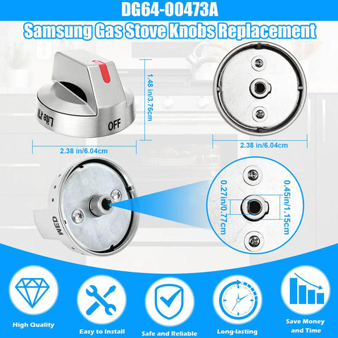 Stove Knob Replacement Set For Samsung Gas Range And Oven DG64-00473A Compatible 5 Pack product dimensions and features image