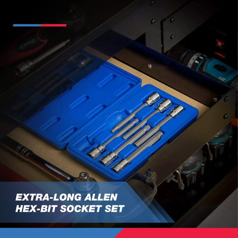 Three Eighths Inch Drive Extra Long Allen Hex Bit Socket Set For Metric Bolts From Three Millimeter To Ten Millimeter, S2 Steel Bits And Chrome Vanadium Sockets, Seven Piece Master Set For Hard To Reach Fasteners